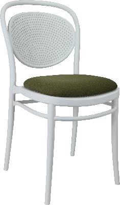 siesta marcel chair - white with olive green fabric cushion 