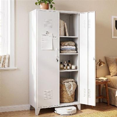 2-door wardrobe lockable cabinet storage closet hanging rail adjustable shelves cream white