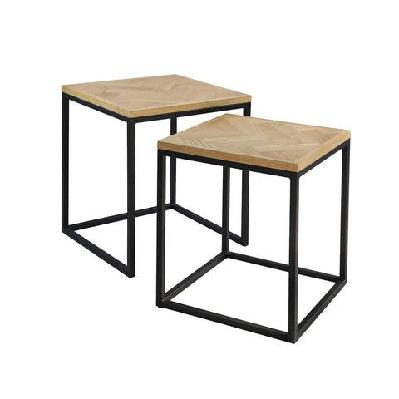 2pcs nesting coffee tables set retro industrial side tables with steel frame - natural and black