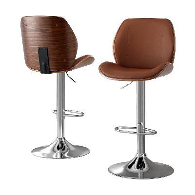 2x bar stools bentwood adjustable kitchen counter chair leather brown