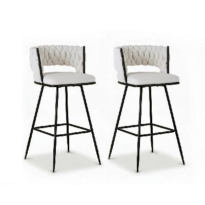 2x bar stools kitchen dining chair counter stool woven velvet metal ivory