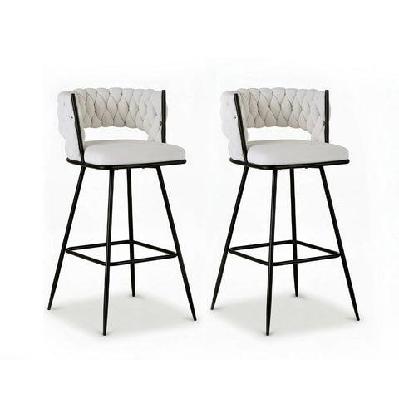 2x bar stools kitchen dining chair counter stool woven velvet metal ivory