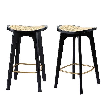 2x bar stools rattan counter kitchen dinning chair bamboo saddle black