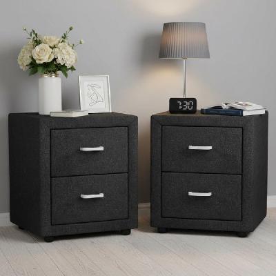 2x bedside table 2 drawers fabric - caden charcoal