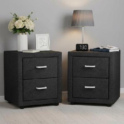 2x bedside table 2 drawers fabric - caden charcoal