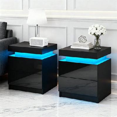 2x bedside table led 2 drawers lift-up storage - coley black