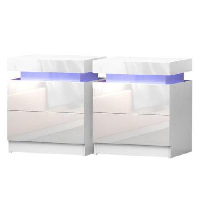 2x bedside table led 2 drawers lift-up storage - coley white