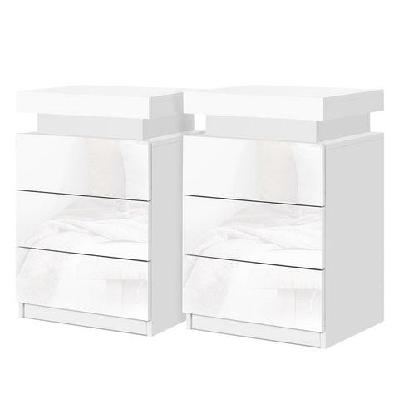 2x bedside table led 3 drawers - coley white