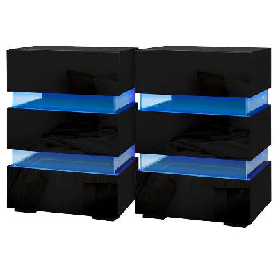 2x bedside table led 3 drawers - lumi black
