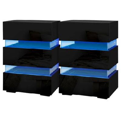2x bedside table led 3 drawers - lumi black