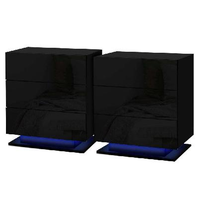 2x bedside table led 3 drawers - mori black