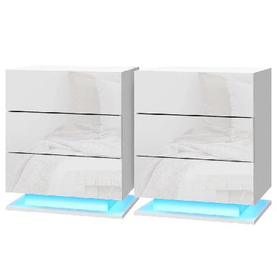 2x bedside table led 3 drawers - mori white