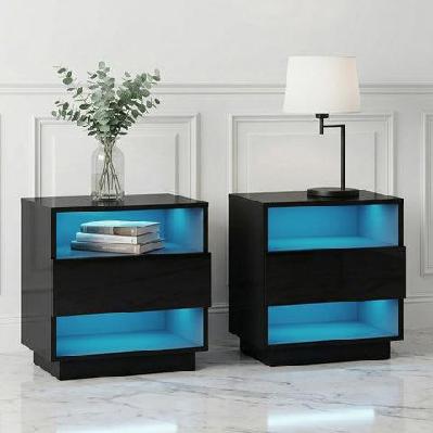 2x bedside table led with 2 shelves - hana black