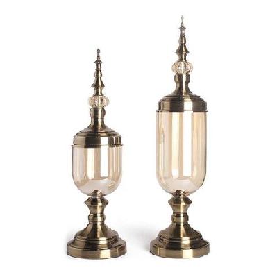 2x clear glass flower vase with lid and transparent filler vase bronze set