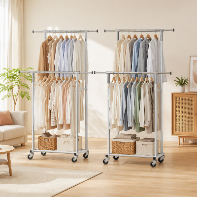 2x clothes rack double rod airer rail coat stand adjustable hanger