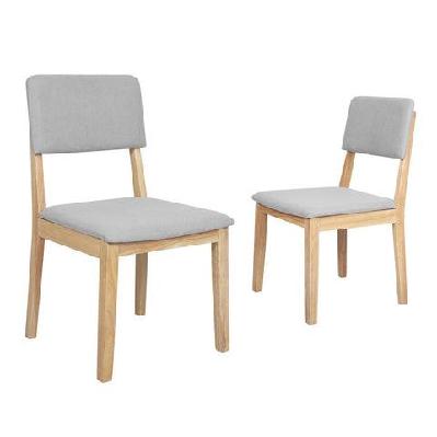 2x farmhouse dining chairs | armless upholstered seat with open back – natural wood and grey linen