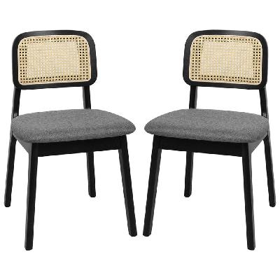 2x black rattan dining chairs | armless wooden frame with cushioned seat – modern boho style