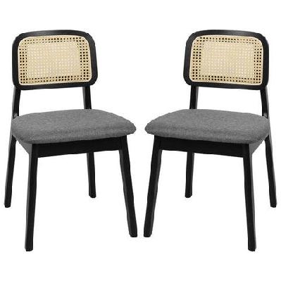 2x black rattan dining chairs | armless wooden frame with cushioned seat – modern boho style