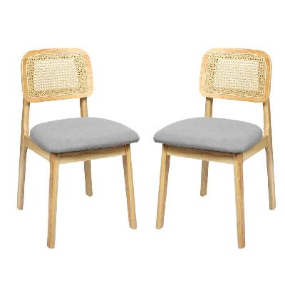 2x natural wood rattan dining chairs | armless boho style with cushioned seat