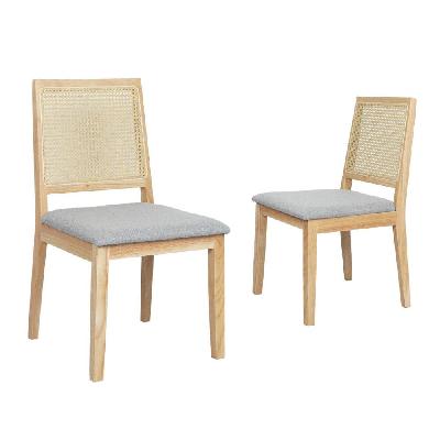 2x rattan dining chairs – solid wood frame, upholstered seat (natural and grey)