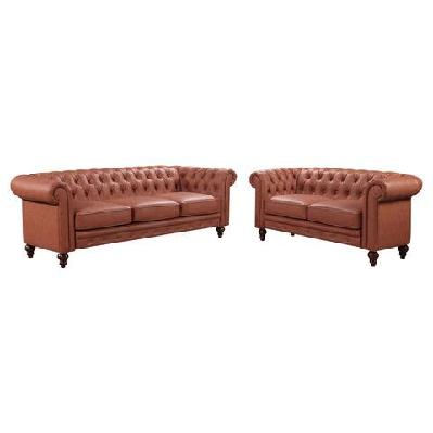 3+2 seater brown sofa lounge chesterfireld style button tufted in faux leather