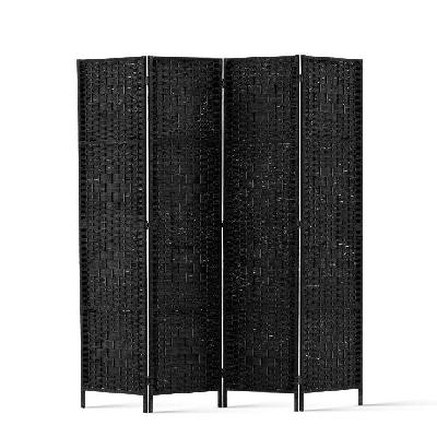 4 panel room divider privacy screen rattan woven wood stand black