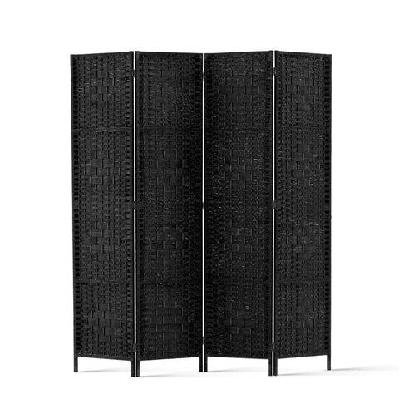 4 panel room divider privacy screen rattan woven wood stand black