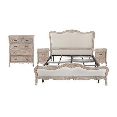 4 pcs bedroom suite king size oak wood plywood veneer white washed finish bed, bedside table and tallboy