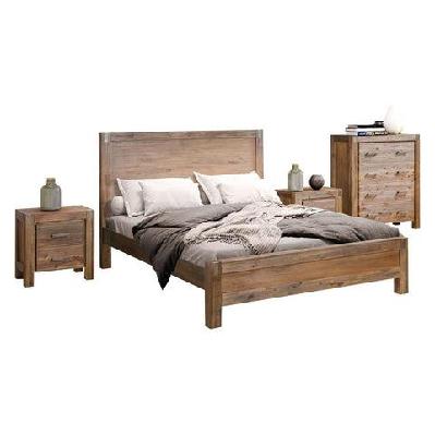 4 pieces bedroom suite in solid wood veneered acacia construction timber slat double size chocolate colour bed, bedside table and tallboy