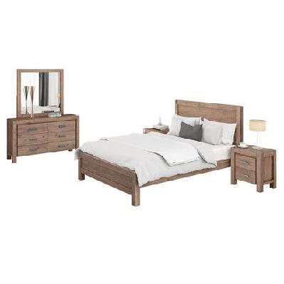 4 pieces bedroom suite in solid wood veneered acacia construction timber slat double size oak colour bed, bedside table and dresser