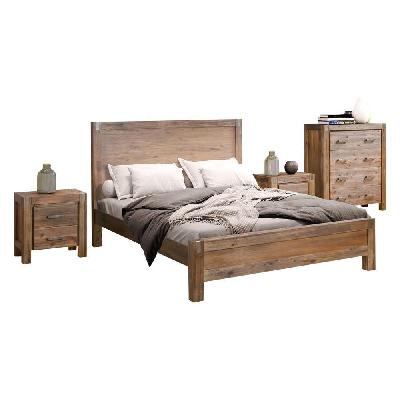 4 pieces bedroom suite in solid wood veneered acacia construction timber slat king size chocolate colour bed, bedside table and tallboy