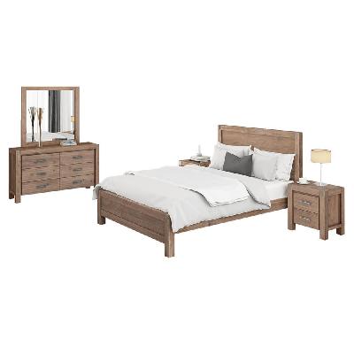 4 pieces bedroom suite in solid wood veneered acacia construction timber slat king size oak colour bed, bedside table and dresser