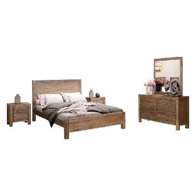 4 pieces bedroom suite in solid wood veneered acacia construction timber slat queen size chocolate colour bed, bedside table and dresser