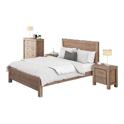 4 pieces bedroom suite in solid wood veneered acacia construction timber slat single size oak colour bed, bedside table and tallboy