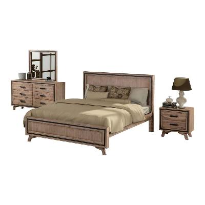 4 pieces bedroom suite king size silver brush in acacia wood construction bed, bedside table and dresser