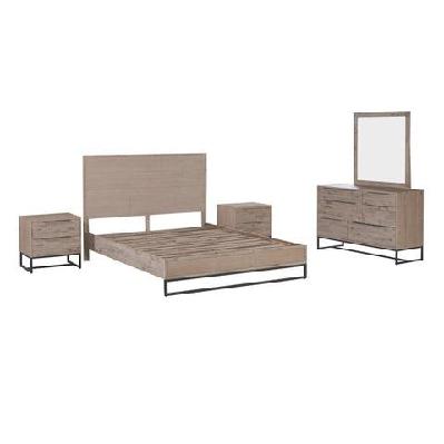 4 pieces bedroom suite made in solid wood acacia veneered king size oak colour bed, bedside table and dresser