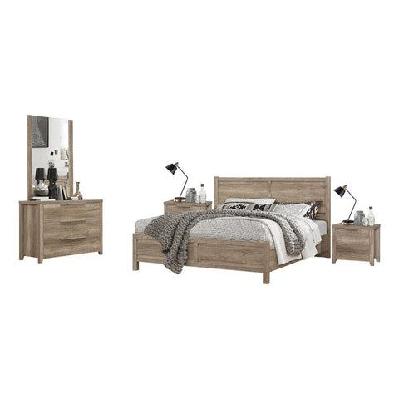 4 pieces bedroom suite natural wood like mdf structure king size oak colour bed, bedside table and dresser
