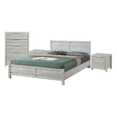 4 pieces bedroom suite natural wood like mdf structure queen size white ash colour bed, bedside table and tallboy