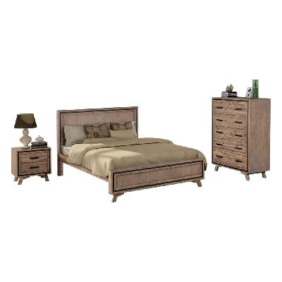 4 pieces bedroom suite queen size silver brush in acacia wood construction bed, bedside table and dresser