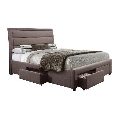 4 pieces storage bedroom suite upholstery fabric in light grey with base drawers queen size oak colour bed, bedside table and tallboy