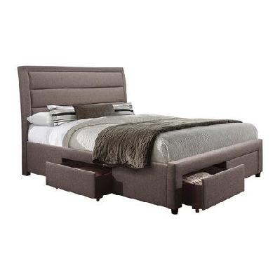 4 pieces storage bedroom suite upholstery fabric in light grey with base drawers queen size oak colour bed, bedside table and tallboy