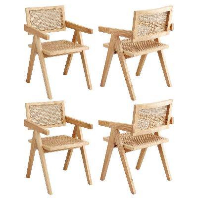 4x dining chairs wooden rattan seat rubber wood frame