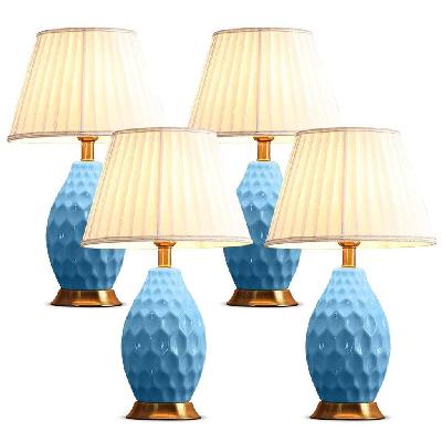 4x textured ceramic oval table lamp with gold metal base blue