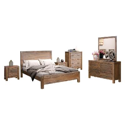 5 pieces bedroom suite in solid wood veneered acacia construction timber slat double size chocolate colour bed, bedside table, tallboy and dresser
