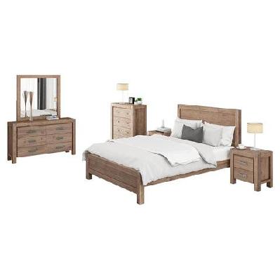 5 pieces bedroom suite in solid wood veneered acacia construction timber slat double size oak colour bed, bedside table, tallboy and dresser
