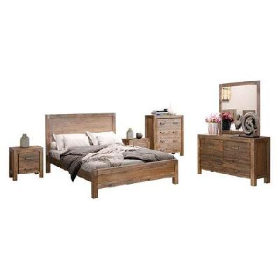 5 pieces bedroom suite in solid wood veneered acacia construction timber slat queen size chocolate colour bed, bedside table , tallboy and dresser