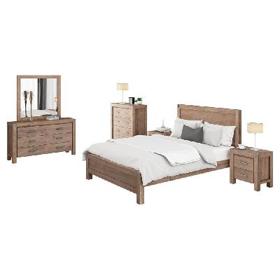 5 pieces bedroom suite in solid wood veneered acacia construction timber slat single size oak colour bed, bedside table , tallboy and dresser
