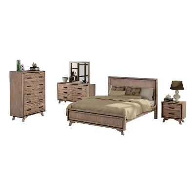 5 pieces bedroom suite king size silver brush in acacia wood construction bed, bedside table, tallboy and dresser