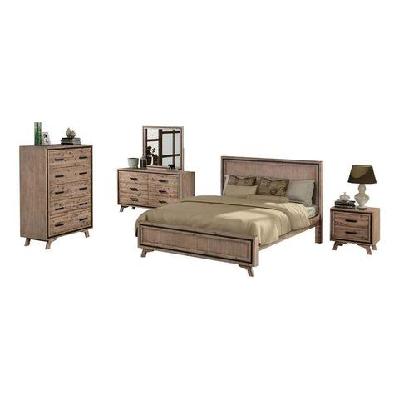 5 pieces bedroom suite king size silver brush in acacia wood construction bed, bedside table, tallboy and dresser