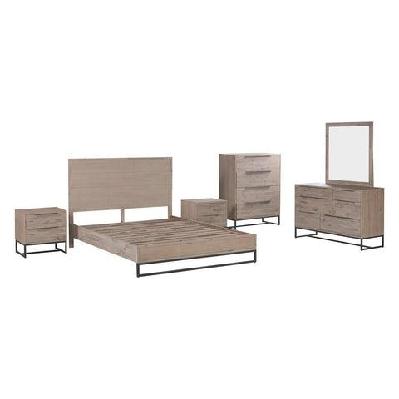 5 pieces bedroom suite made in solid wood acacia veneered queen size oak colour bed, bedside table, tallboy and dresser